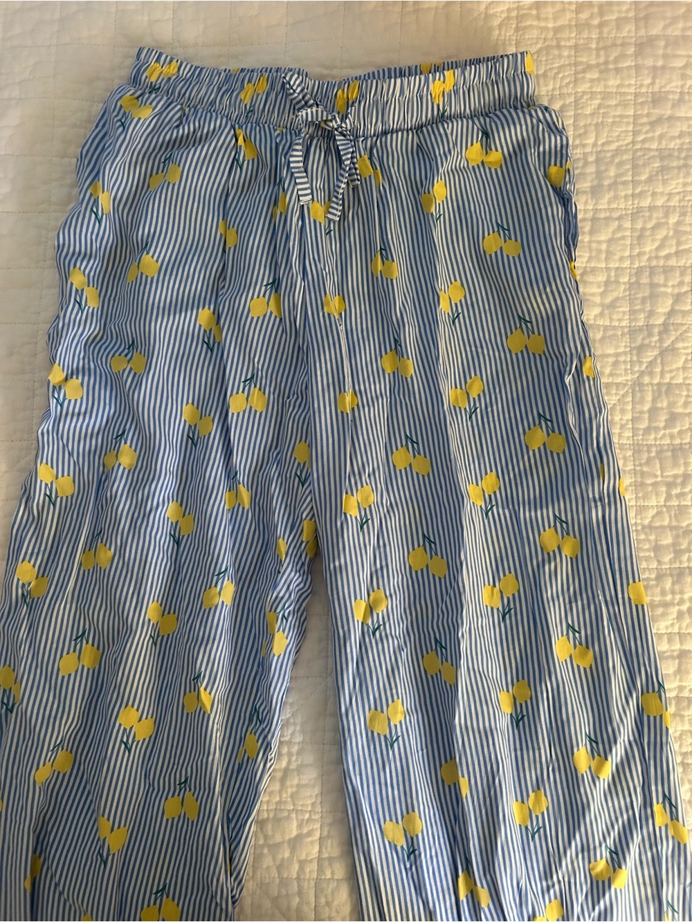 Blue & Yellow Striped Lemon Print beach Flowy Pants from FRANCE